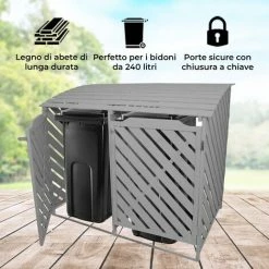Copribidoni Doppio Per Spazzatura E Immondizia In Legno Grigio Lavato Per Bidoni A Ruote Ripostiglio Pattume Box Contenitore Per Bidoni Da Esterno Chiusura A Chiavistello Con Staffe Per Affissione -COSTWAY shop 17924059 4