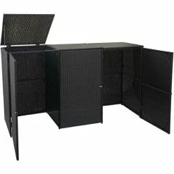 3x Copribidoni Box Spazzatura Rifiuti HWC-E25 66x195x110cm Acciaio Polyrattan Nero