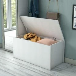 Dmora Baule Miltonia, Capiente Box Contenitore Multiuso, Cassapanca Moderna, 100% Made In Italy, Cm 90x45h45, Bianco, Con Imballo Rinforzato
