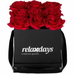 Relaxdays Bouquet Di Rose Quadrato, Scatola Nera Box Con 9 Fiori Finti Durevoli Nel Tempo, Idea Regalo Elegante, Rosse