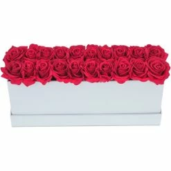 Relaxdays Bouquet Rose Eterne, Flower Box Bianco Con 20 Fiori Finti, Elegante Idea Regalo, Scatola Romantica, Rosso