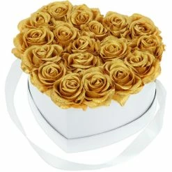 Relaxdays Bouquet Rose Eterne, Box Bianca A Cuore, 18 Fiori Finti, Elegante Idea Regalo, Scatola Romantica, Bianco Oro