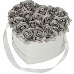 Relaxdays Bouquet Rose Eterne, Box Bianca Cuore, 18 Fiori Finti, Elegante Idea Regalo, Scatola Romantica, Bianco Argento