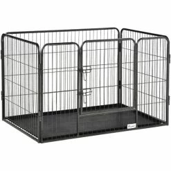 PawHut Box Per Cani Recinzione In Metallo Per Animali Con 4 Pannelli, Porta Con Doppio Blocco E Vassoio Sul Fondo, 109x74x71cm, Grigio
