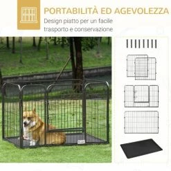 PawHut Box Per Cani Recinzione In Metallo Per Animali Con 4 Pannelli, Porta Con Doppio Blocco E Vassoio Sul Fondo, 109x74x71cm, Grigio -COSTWAY shop 55292235 5