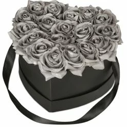 Relaxdays Bouquet Rose Eterne, Box A Cuore, Mazzo 18 Fiori Finti, Elegante Idea Regalo, Scatola Romantica, Nero Argento