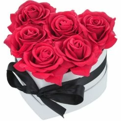 Relaxdays Bouquet Rose Eterne, Box A Cuore, Mazzo 6 Fiori Finti, Idea Regalo Romantica, Scatola Flowerbox, Bianco Rosso