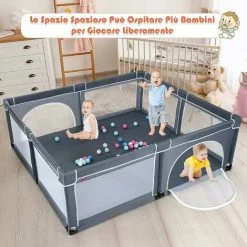 DREAMADE Box Bambini, Recinto Di Sicurezza, In Struttura Di Acciaio Verniciato Antiruggine E Stabile, Centro Di Attività Con Porte In Rete Apribili A Cerniera, 206x185,5x68 Cm (Grigio Scuro) -COSTWAY shop 59001434 3