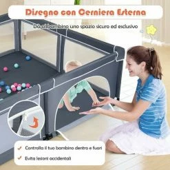 DREAMADE Box Bambini, Recinto Di Sicurezza, In Struttura Di Acciaio Verniciato Antiruggine E Stabile, Centro Di Attività Con Porte In Rete Apribili A Cerniera, 206x185,5x68 Cm (Grigio Scuro) -COSTWAY shop 59001434 4