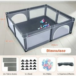 DREAMADE Box Bambini, Recinto Di Sicurezza, In Struttura Di Acciaio Verniciato Antiruggine E Stabile, Centro Di Attività Con Porte In Rete Apribili A Cerniera, 206x185,5x68 Cm (Grigio Scuro) -COSTWAY shop 59001434 5
