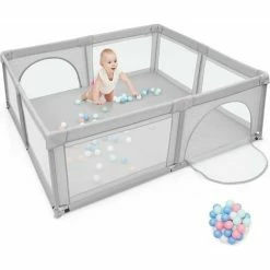 DREAMADE Box Bambini, Recinto Di Sicurezza, In Struttura Di Acciaio Verniciato Antiruggine E Stabile, Centro Di Attività Con Porte In Rete Apribili A Cerniera, 206x185,5x68 Cm (Grigio Chiaro)