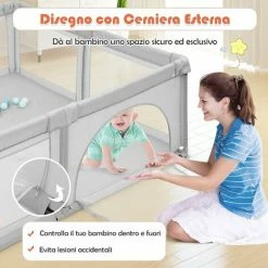 DREAMADE Box Bambini, Recinto Di Sicurezza, In Struttura Di Acciaio Verniciato Antiruggine E Stabile, Centro Di Attività Con Porte In Rete Apribili A Cerniera, 206x185,5x68 Cm (Grigio Chiaro) -COSTWAY shop 59001437 3