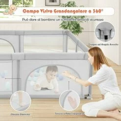 DREAMADE Box Bambini, Recinto Di Sicurezza, In Struttura Di Acciaio Verniciato Antiruggine E Stabile, Centro Di Attività Con Porte In Rete Apribili A Cerniera, 206x185,5x68 Cm (Grigio Chiaro) -COSTWAY shop 59001437 4