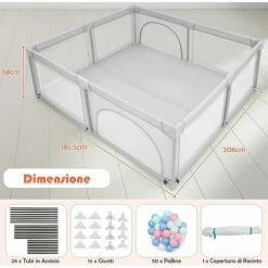 DREAMADE Box Bambini, Recinto Di Sicurezza, In Struttura Di Acciaio Verniciato Antiruggine E Stabile, Centro Di Attività Con Porte In Rete Apribili A Cerniera, 206x185,5x68 Cm (Grigio Chiaro) -COSTWAY shop 59001437 5
