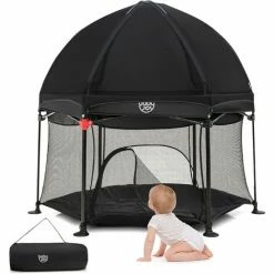 COSTWAY Box Per Bambini Con Tettuccio Rimovibile, Box Esagonale Pieghevole Con Borsa Di Trasporto, Tappetino, Centro Attività Per Bambini E Neonati, 134x132x132 Cm (Nero)