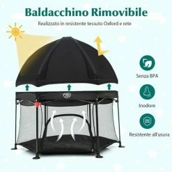 COSTWAY Box Per Bambini Con Tettuccio Rimovibile, Box Esagonale Pieghevole Con Borsa Di Trasporto, Tappetino, Centro Attività Per Bambini E Neonati, 134x132x132 Cm (Nero) -COSTWAY shop 64449016 3