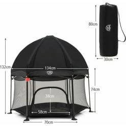 COSTWAY Box Per Bambini Con Tettuccio Rimovibile, Box Esagonale Pieghevole Con Borsa Di Trasporto, Tappetino, Centro Attività Per Bambini E Neonati, 134x132x132 Cm (Nero) -COSTWAY shop 64449016 5