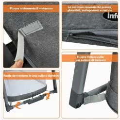 DREAMADE Lettino Da Viaggio 3 In 1 Convertibile In Letto A Dondolo E Letto Da Gioco, Box Culla Neonato Regolabile Con Materasso Per 0 A 24 Mesi, Carico Massimo 22 Kg, Grigio, In Metallo, 107x64x71 Cm -COSTWAY shop 67647437 4