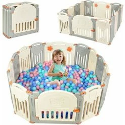 DREAMADE Barriera Di Sicurezza Box Recinto Per Bambini Recinzione Antisciovolo Con Sicurezza 14 Pannelli (Beige+Grigio)
