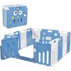 DREAMADE Box Recinto Pieghevole In HDPE Per Bambini, Centro Attività Interno Ed Esterno, Barriera Con Pannello Da Gioco, Porta Con Chiusura, Per Bambini Da 6-36 Mesi (14 Pannelli Blu+Bianco)