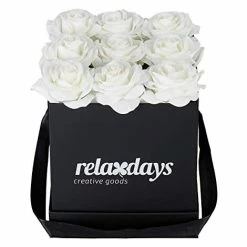 Relaxdays Bouquet Di Rose Quadrato, Scatola Nera Box Con 9 Fiori Finti Durevoli Nel Tempo, Idea Regalo Elegante, Bianca, Cartone, Tessuto, PP, 1 Pz