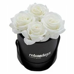 Relaxdays Rosenbox Bouquet Rotondo, 4 Rose, Nero, Resistente 10 Anni, Idea Regalo, Box Decorativo, Bianco, 14 X 13 X 13 Cm