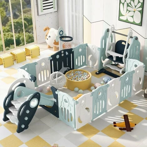 Box Per Bambini Pieghevole Con Altalena, Scivolo E Canestro Da Basket Per Bambini 6 Mesi-6 Anni 160x200x63 Cm - Blu 1 Box Per Bambini Pieghevole Con Altalena, Scivolo E Canestro Da Basket Per Bambini 6 Mesi-6 Anni 160x200x63 Cm - Blu