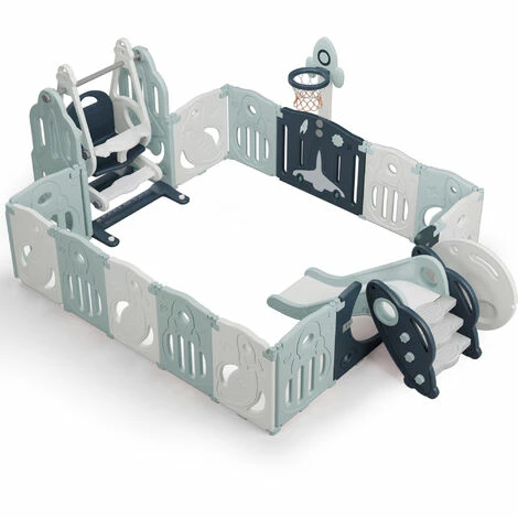 Box Per Bambini Pieghevole Con Altalena, Scivolo E Canestro Da Basket Per Bambini 6 Mesi-6 Anni 160x200x63 Cm - Blu 2 Box Per Bambini Pieghevole Con Altalena, Scivolo E Canestro Da Basket Per Bambini 6 Mesi-6 Anni 160x200x63 Cm - Blu - immagine 2