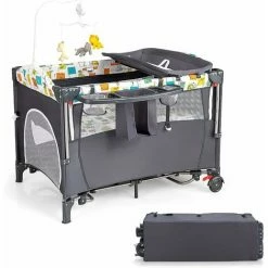 COSTWAY Culla Da Campeggio 5 In 1, Co-Sleeping AItezze Regolabili, Lettino Da Campeggio Con Fasciatoio, Box Bambini Pieghevole E Ingresso Laterale, Giocattolo Appeso, Ruote E Freni (Grigio)