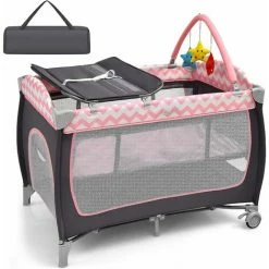 COSTWAY 3-IN-1 Lettino Da Viaggio Per Bambini 25 Kg, Box Bambini Con Fasciatoio, Culla Da Campeggio Con Materasso 120x60cm, Giocattoli+Ruote+Borsa, 0-3 Anni, 125x65x76 Cm (Rosa)