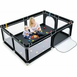 COSTWAY Box Per Bambini, Recinto Per Neonati, Box Per Interno Ed Esterno Con Palline, Con Cancelli Di Sicurezza, Con Ventose Antiscivolo, Pareti A Rete Traspirante E 4 Anelli Per Bambini (Nero)
