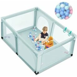 COSTWAY Box Per Bambini, Centro Attività Portatile E Sicuro Per Bambini, Box Colorato Con Cancello, Recinto Extra Per Interno Ed Esterno Con Rete Traspirante Durevole (Blu)