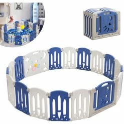 Box Per Neonati Centro AttivitĂ  Pieghevole In Plastica Con Porta E Tavola Giocattolo, Parco Giochi Di Sicurezza Per Bambini, Bianco E Blu (18 Pezzi) HENGMEI