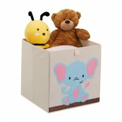 Relaxdays Box Portagiocattoli, Cesta In Stoffa Portaoggetti, 33x33x33 Cm, Design Elefante, Camera Bambini, Beige Azzurro