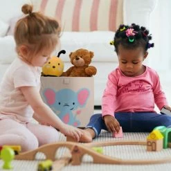 Relaxdays Box Portagiocattoli, Cesta In Stoffa Portaoggetti, 33x33x33 Cm, Design Elefante, Camera Bambini, Beige Azzurro -COSTWAY shop 96758327 3